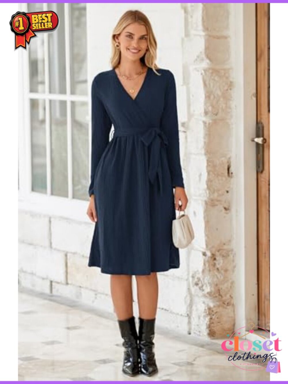 Ribbed Knit Sweater Dress Belted Midi Business Casual Teacher Women's - Picture 1 of 5
